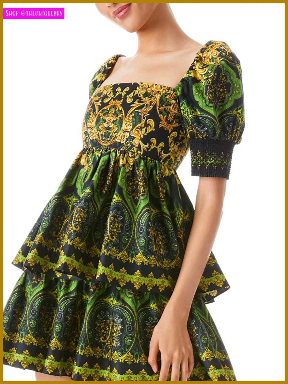 Alice + Olivia EmmaLou Emerald Green Black Rendezvous Tiered Mini Dress